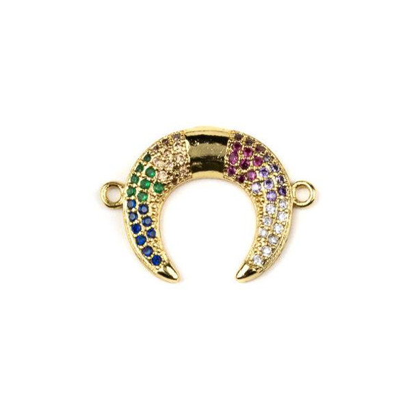 Gold Plated Brass Pave 17x24mm Half Moon Link with Multicolor Cubic Zirconias - 1 per bag