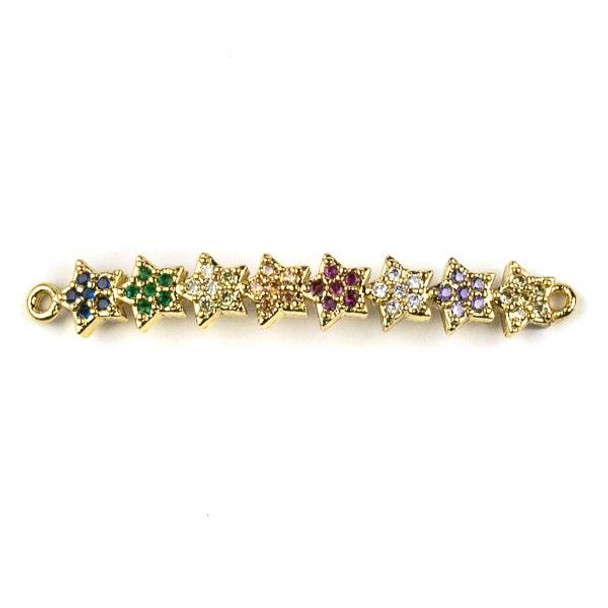 Gold Plated Brass Pave 6x41mm Star Curved Bar Link with Multicolor Cubic Zirconias - 1 per bag