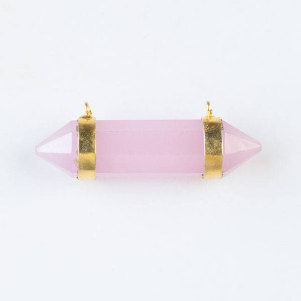 Pink Chalcedony 10x42mm Hexagonal Point Pendant Hung Horizontally with 2 Gold Plated Brass Loops