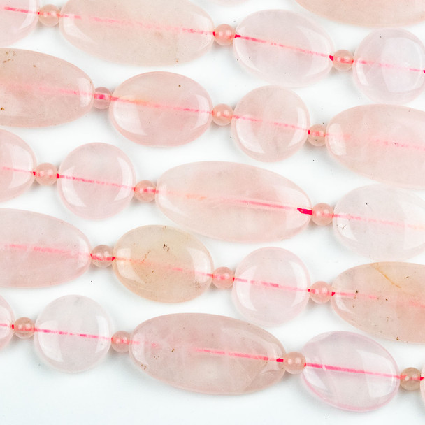 Rose Quartz 15x20mm and 15x30mm Oval Beads, 15mm Coin Beads, and 4mm Round Beads - 15 inch mixed strand