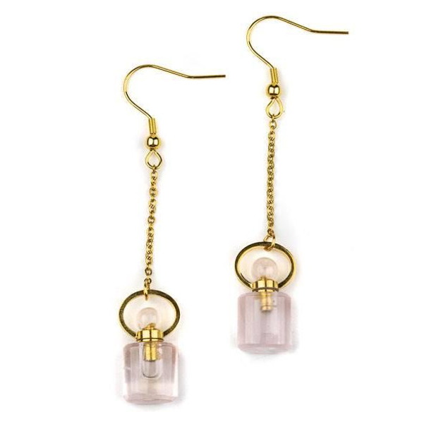 Cherry Tree Beads natural gemstone rose quartz perfume bottle earrings, 11x19mm rounded square design with gold plated stainless steel, 1 pair.
