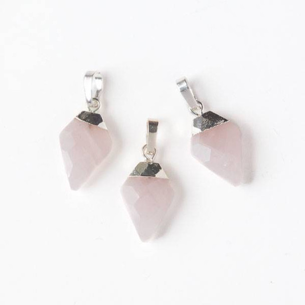 Rose Quartz 11x25mm Faceted Dagger Drop Pendant with a Silver Plated Brass Edging and Bail - 1 per bag