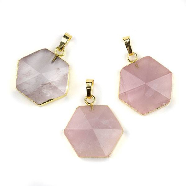 Rose Quartz 25x35mm Hexagon Point Pendant with Gold Plated Edges and Bail - 1 per bag