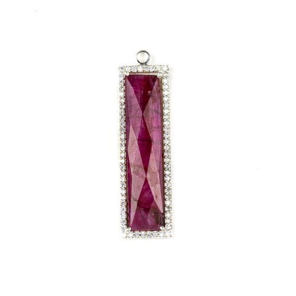 Ruby 11x42mm Faceted Rectangle Drop with Silver Plated Brass Bezel and Cubic Zirconias - 1 per bag