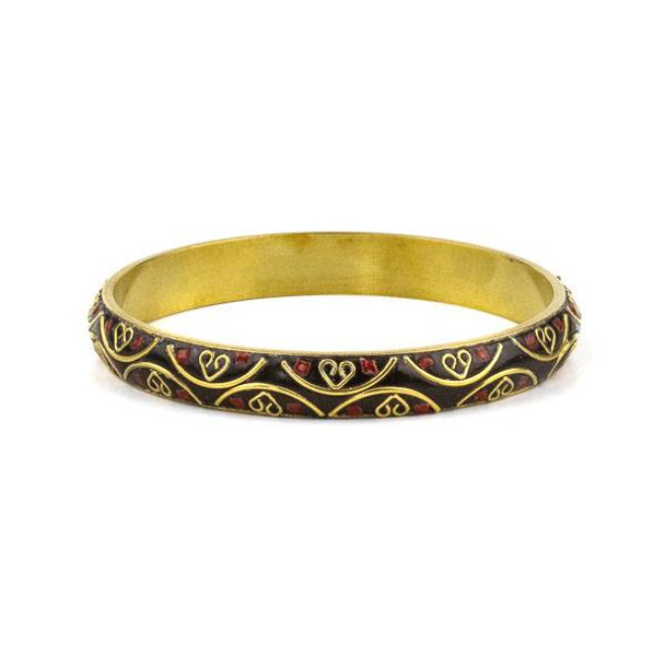 Tibetan Brass Bracelet - Brown with Red Coral Inlay and Brass Half Circles and Hearts - 1 per bag