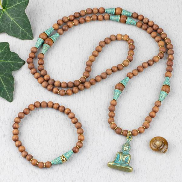 Sandalwood and Green Bronze Mala Style Elastic Necklace and Bracelet Jewelry Kit