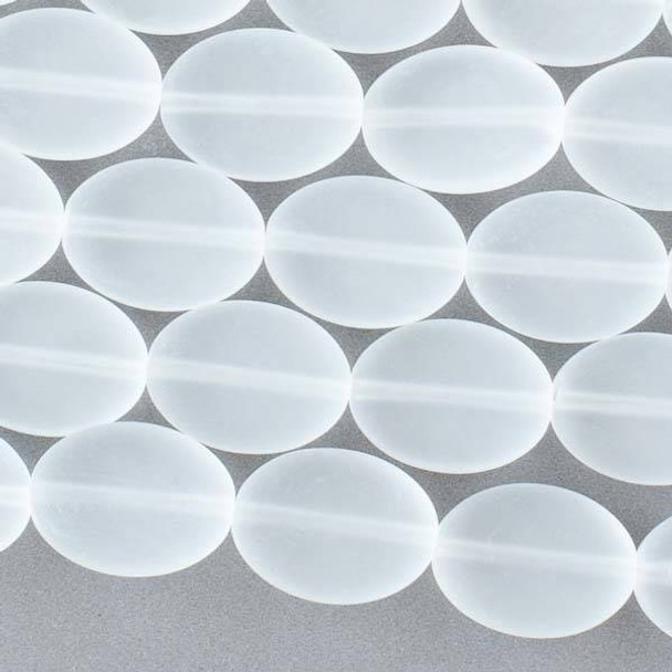 Matte Glass, Sea Glass Style 11x15mm Clear White Oval Beads - 16 inch strand