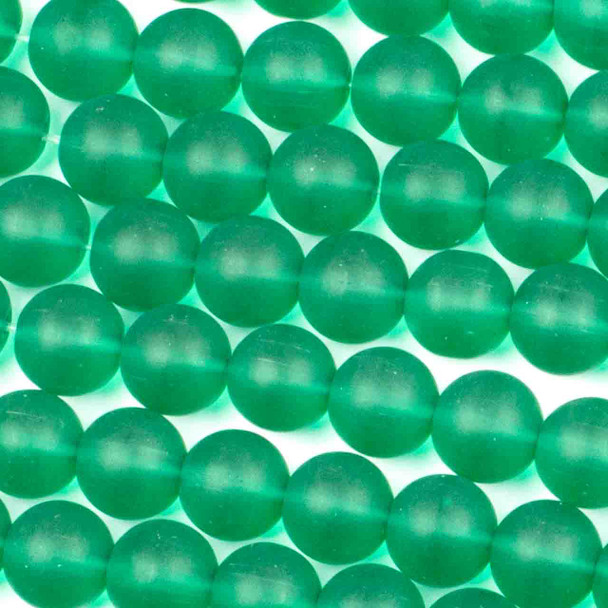 Matte Glass, Sea Glass Style 10mm Peacock Green Round Beads - 16 inch strand