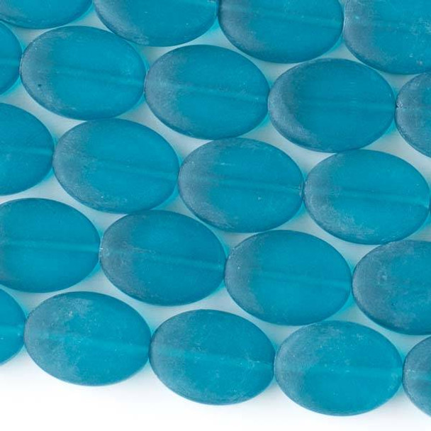 Matte Glass, Sea Glass Style 11x15mm Peacock Blue Oval Beads - approx. 8 inch strand