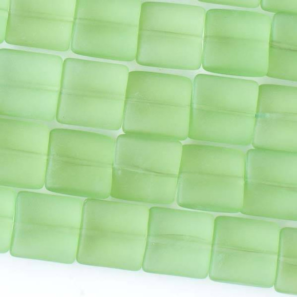 Matte Glass, Sea Glass Style 12mm Peridot Green Square Beads - approx. 8 inch strand