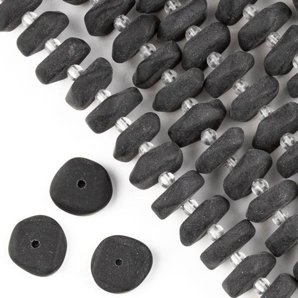 Matte Glass, Sea Glass Style 14-15mm Black Button Spacer Beads - 7.5 inch strand