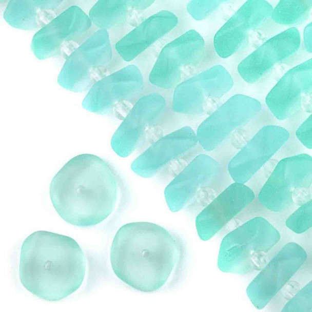 Matte Glass, Sea Glass Style 14-15mm Sea Foam Blue Button Spacer Beads - 6 inch strand