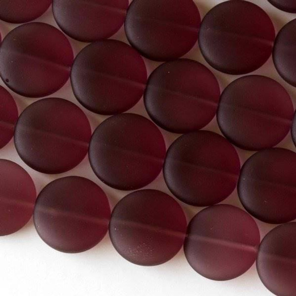 Cherry Tree Beads Matte Glass, Sea Glass Style 15mm Medium Amethyst Coin - 7.5 inch strand 