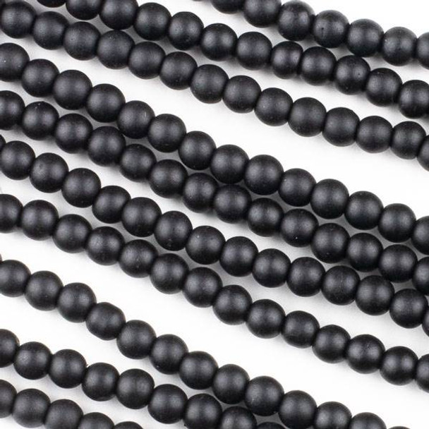 Matte Glass, Sea Glass Style 4mm Black Round Beads - approx. 8 inch strand