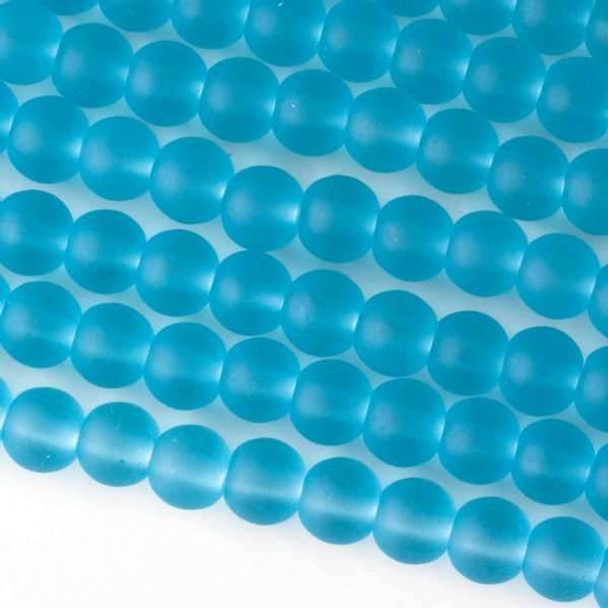 Matte Glass, Sea Glass Style 6mm Light Aqua Blue Round Beads - approx. 8 inch strand