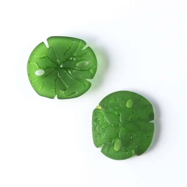 Matte Glass, Sea Glass Style 18x20mm Emerald Green Sand Dollar Pendant - 4 per bag