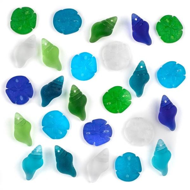 An Assorted Mix of 25 Small Matte Glass, Sea Glass Style Shell Pendants