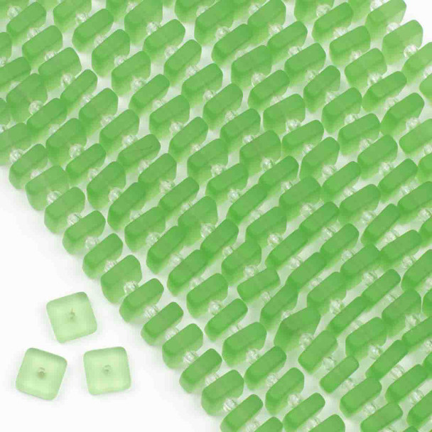 Matte Glass, Sea Glass Style 3mm thick x 8-9mm Peridot Green Square Button Spacer Beads - 7 inch strand