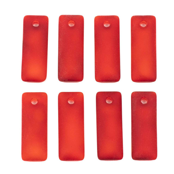 Matte Glass, Sea Glass Style 12x32mm Red Top Drilled Puffed Rectangle Pendants - 8 pendants per bag