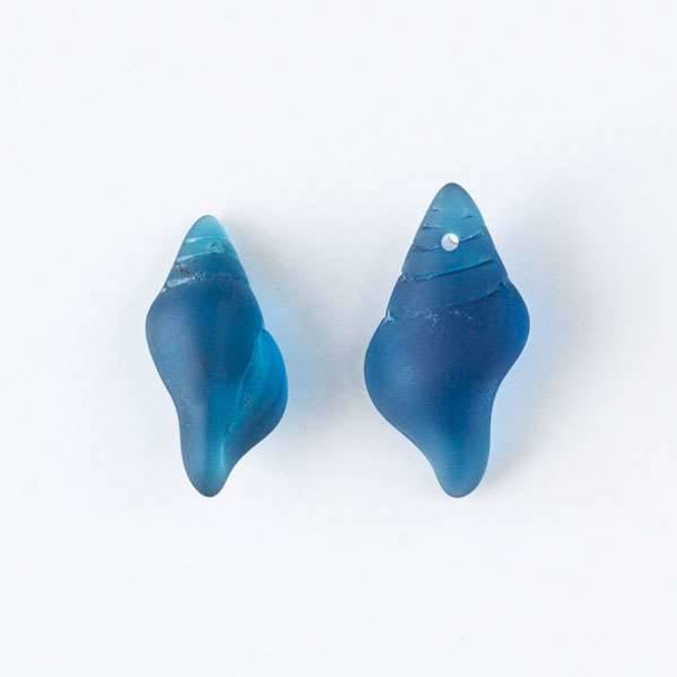 Matte Glass, Sea Glass Style 14x26mm Peacock Blue Small Conch Shell Top Drilled Pendant - 4 per bag