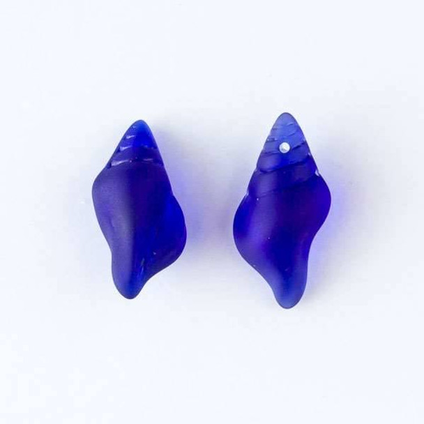 Matte Glass, Sea Glass Style 14x26mm Royal Blue Small Conch Shell Top Drilled Pendant - 4 per bag
