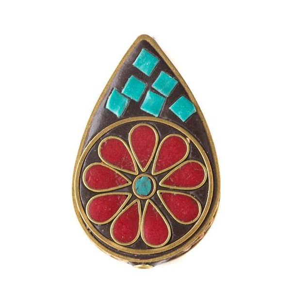 Tibetan Brass 30x48mm Teardrop Bead with Teardrops and Circle with Red Coral and Turquoise Howlite Inlay - 1 per bag