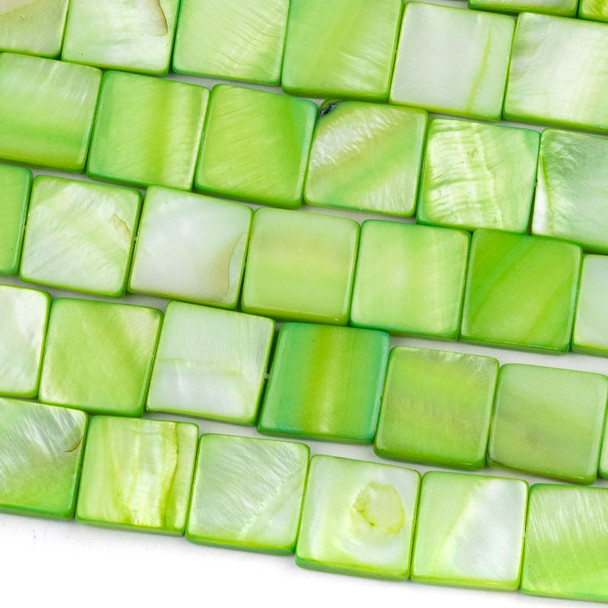 Dyed Shell 12mm Spring Green Square Beads - 16 inch strand