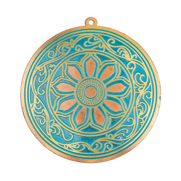 Enameled Brass 50mm Coin Focal with Turquoise Pointed Flower - 1 per bag