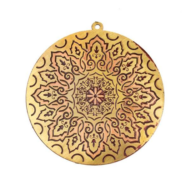 Enameled Brass 46mm Coin Finding with Copper Pink and Burgundy Small Flower Mandala - 1 per bag