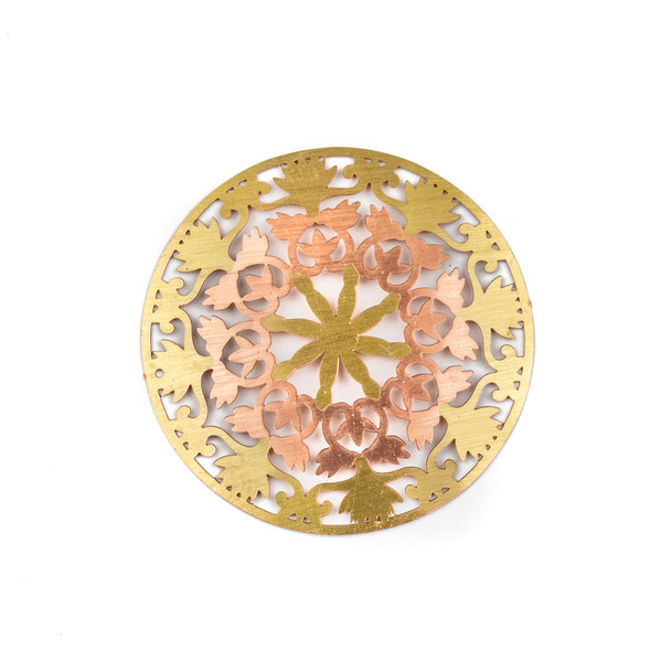 Enameled Brass 41mm Coin Focal/Finding with Rose Gold Floral Heart Cut Outs - 1 per bag
