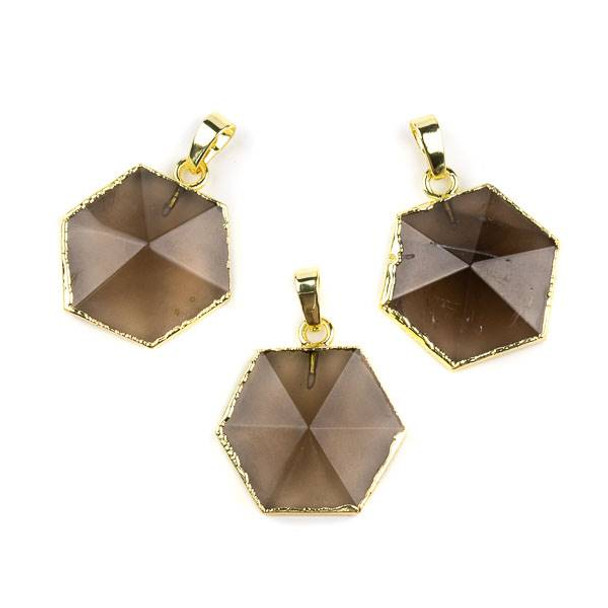 Smoky Quartz 25x35mm Hexagon Point Pendant with Gold Plated Edges and Bail - 1 per bag