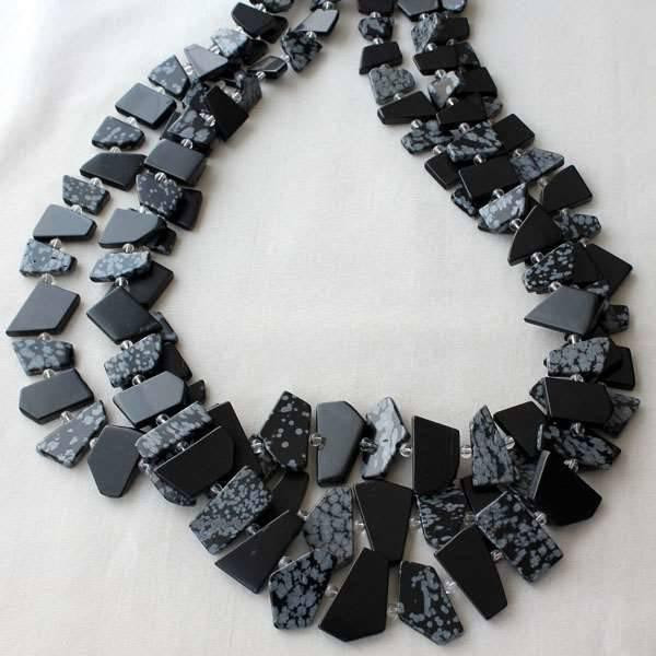 Cherry Tree Beads Snowflake Obsidian and Onyx Alternating 9-23mm Graduated Slabs - 24 inch strand 