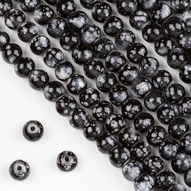 Speckled Glass 6mm Black and Grey Round Beads - 16 inch strand