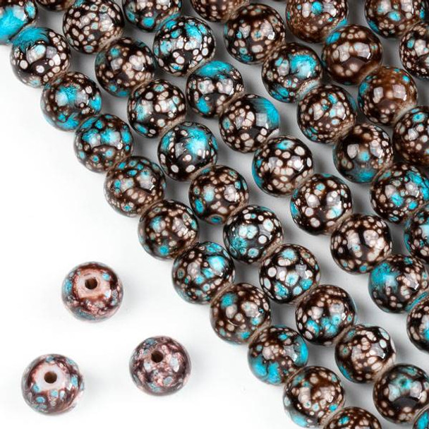 Speckled Glass 8mm Brown and Turquoise Blue Round Beads - 16 inch strand