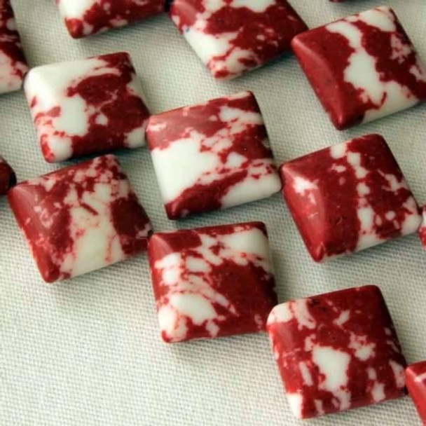 Cherry Tree Beads Synthetic Team Color 10mm Red and White Diagonal Drilled Square Beads - approx. 8 inch strand 