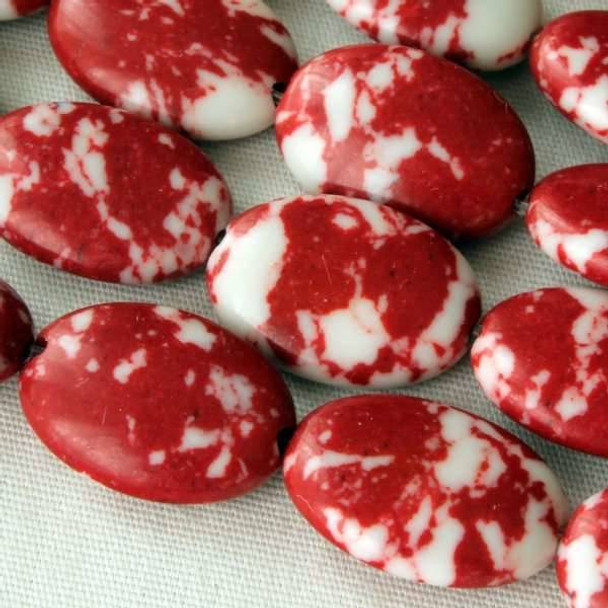 Synthetic Team Color 10x14mm Red and White Oval Beads - approx. 8 inch strand