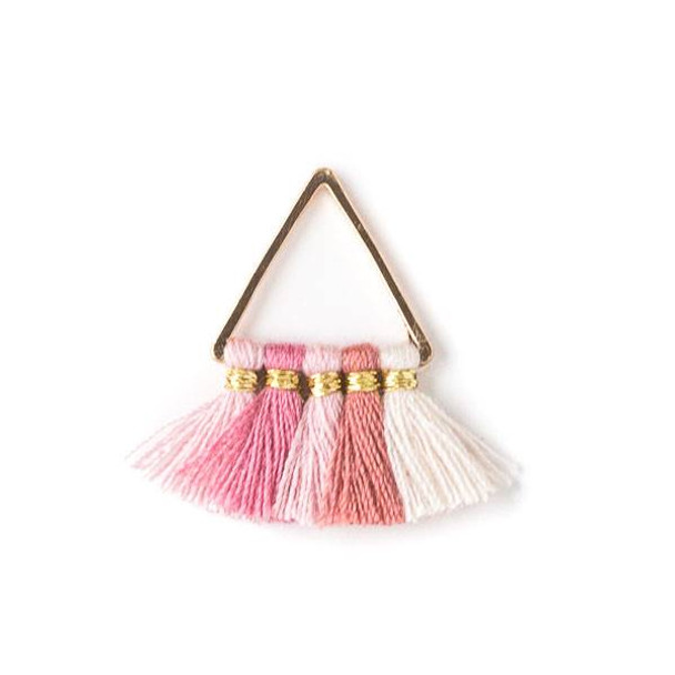 Gold Colored Brass 15mm Triangle Components with Pink and White 10mm Nylon Tassels - 2 per bag, tascom-008