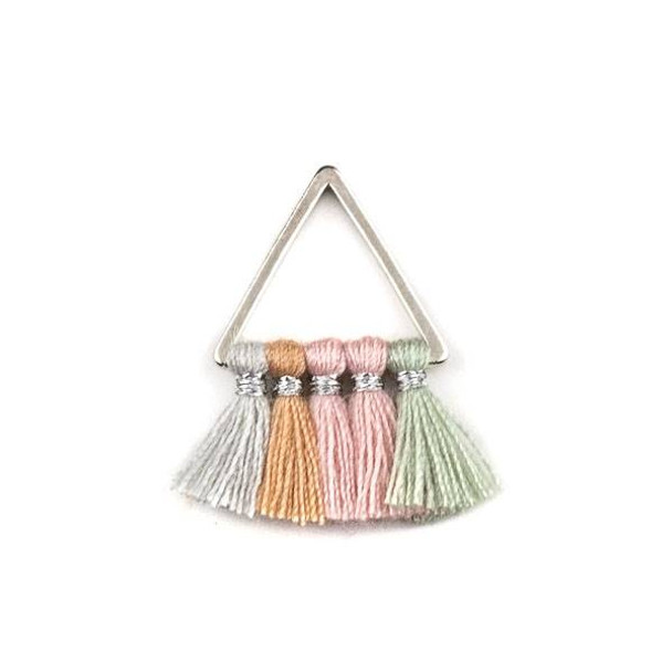 Silver Plated Brass 15mm Triangle Components with Light Grey, Mauve, Pink, and Sage Green 10mm Nylon Tassels - 2 per bag, tascom-CX-29