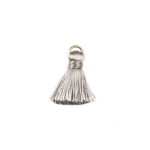 Light Grey 2 cm Tiny Nylon Tassels with a 6mm Gold Plated Brass Open Jump Ring - 6 per bag