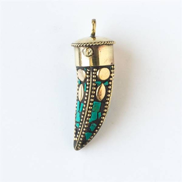 Tibetan 22x66mm Tusk Pendant with Turquoise Howlite Inlay and Brass Dots