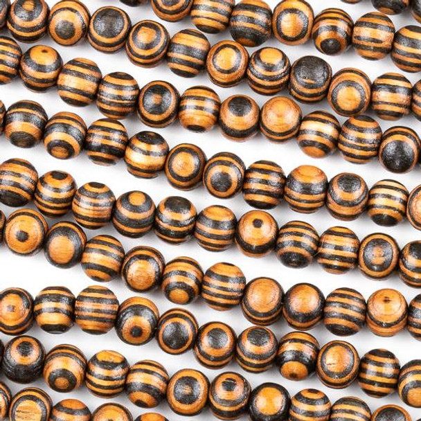 Printed Wood 8mm Striped Black and Brown Round Beads - 16 inch strand