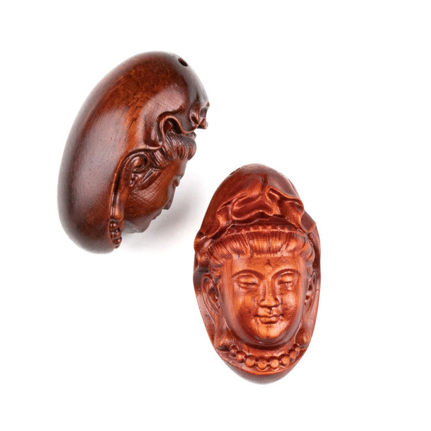 Carved Wood Focal Pendant - 21x35mm Sandalwood Top Drilled Kuan Yin Wearing Beads, 1 per bag