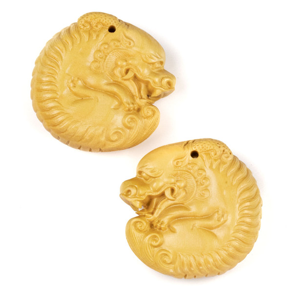 Carved Wood Focal Pendant - 32x32mm Boxwood Top Drilled Curled Dragon, 1 per bag