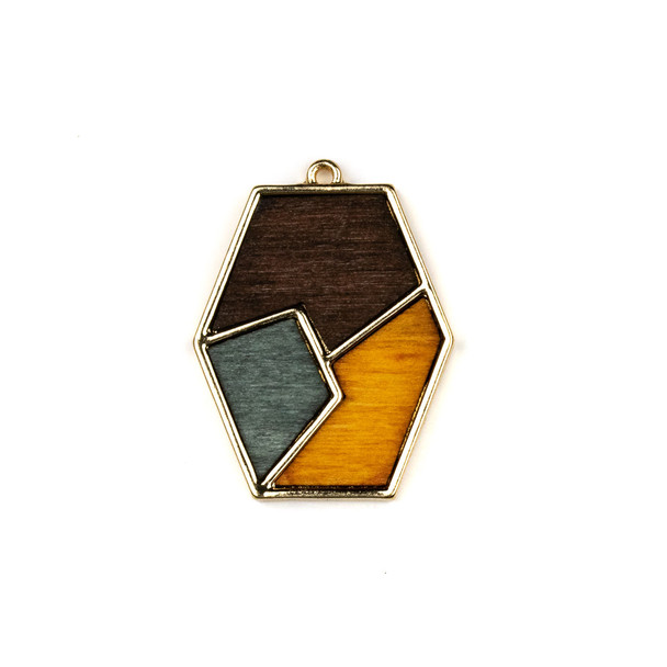 Mosaic Aspen Wood & Gold Colored Pewter 25x33mm Long Hexagon Geometric Pendant - 1 per bag