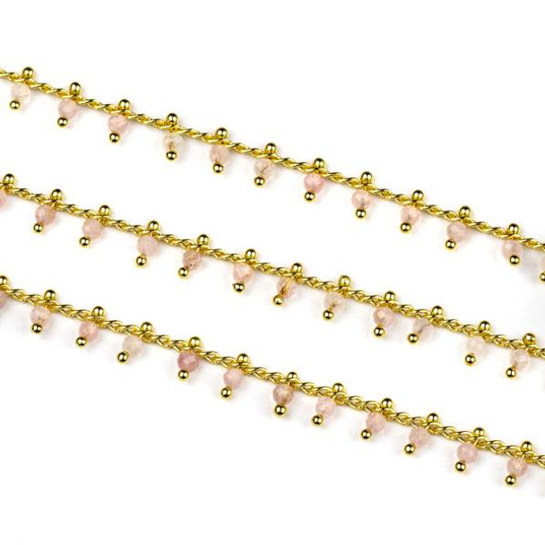 Handmade Gold Plated Brass Dangle Chain with Rose Quartz 2mm Faceted Round Beads - 1 foot