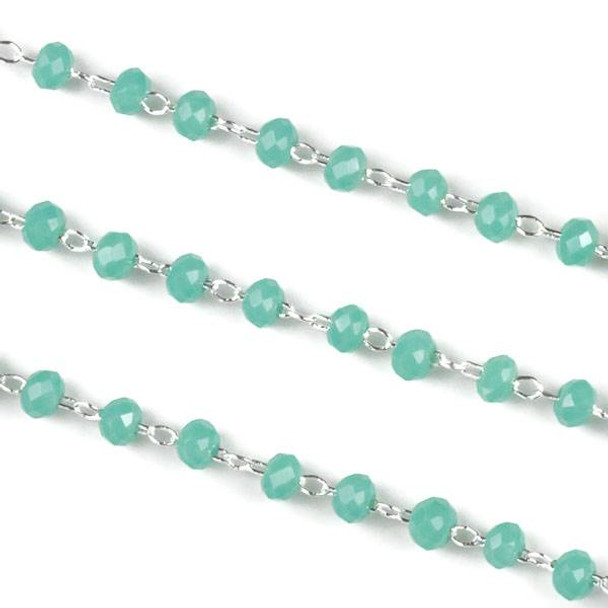 Handmade Silver Plated Brass Delicate Chain with 2mm Arctic Blue Crystal Rondelle Beads - 1 foot