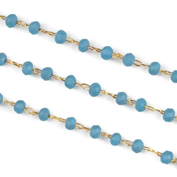 Handmade Gold Plated Brass Delicate Chain with 2mm Matte Stormy Blue Crystal Rondelle Beads - 1 foot