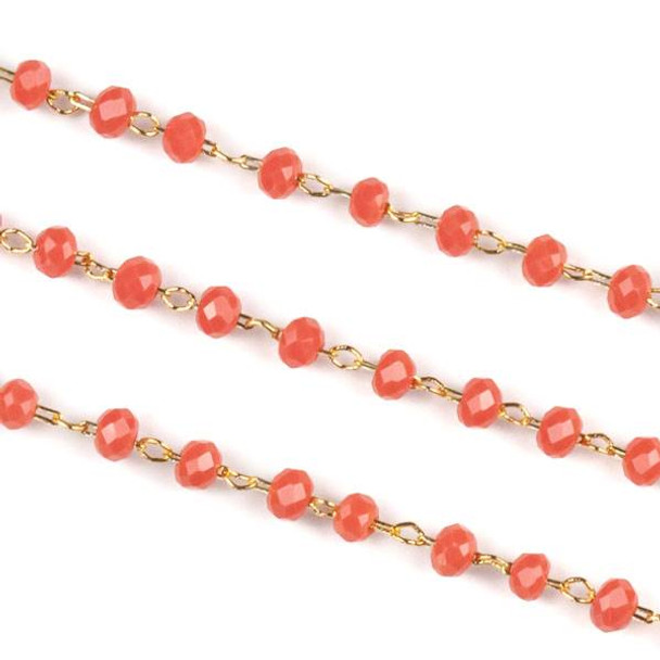 Handmade Gold Plated Brass Delicate Chain with 2mm Papaya Crystal Rondelle Beads - 1 foot