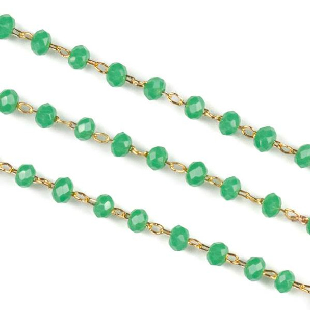 Handmade Gold Plated Brass Delicate Chain with 2mm Lilypad Green Crystal Rondelle Beads - 1 foot