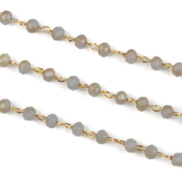 Handmade Gold Plated Brass Delicate Chain with 2mm Honey Kissed Matte Grey Crystal Rondelle Beads - 1 foot